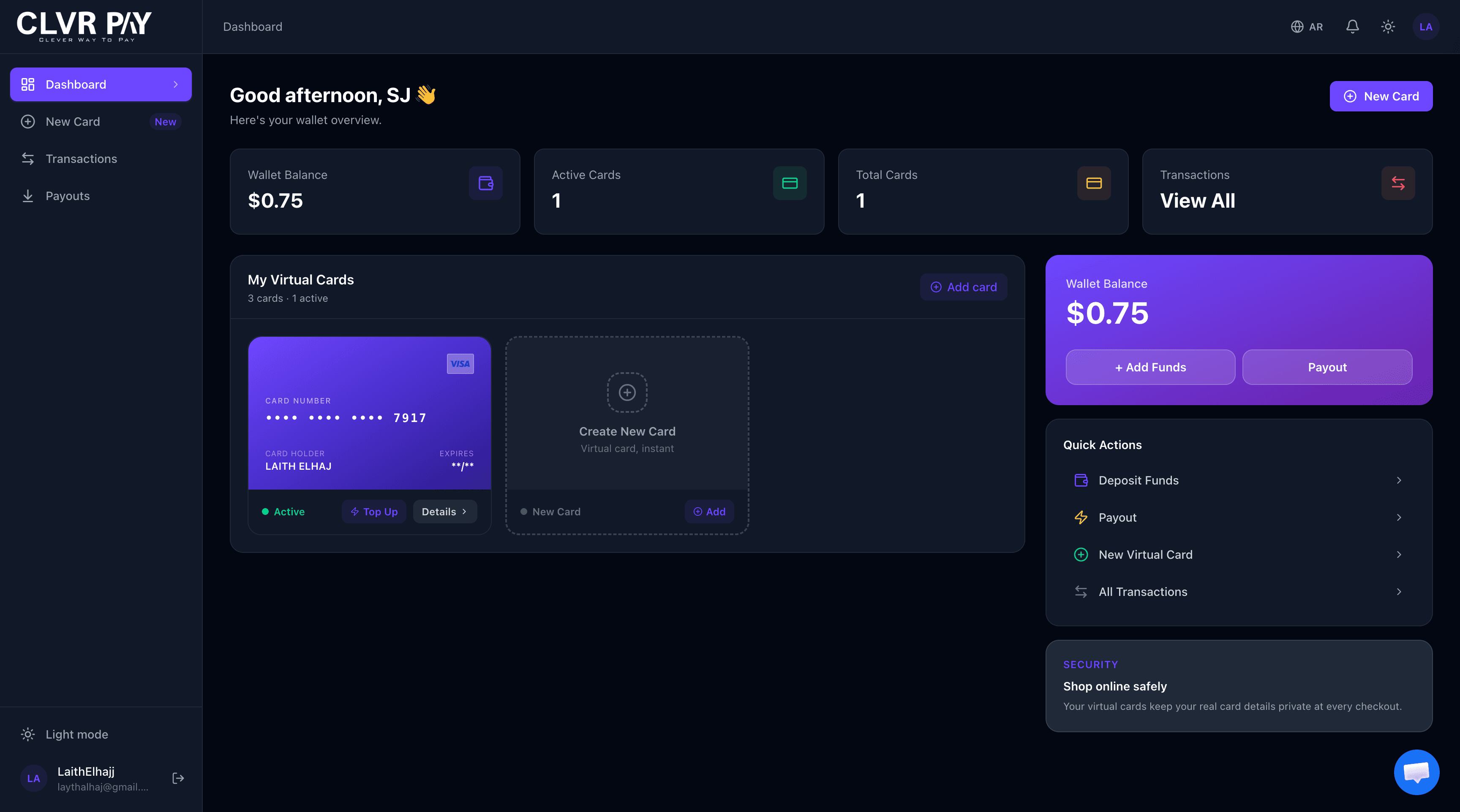Virtual card dashboard overview
